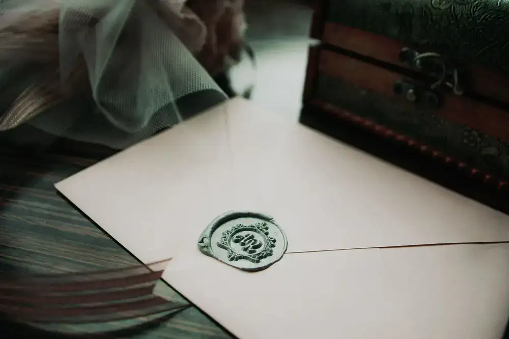 Close up of a bespoke wax seal and hand-dyed silk ribbon on a carefully folded gift box